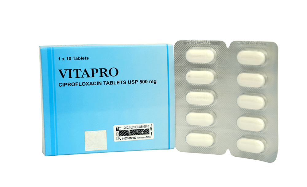 Each film coated tablet contains: Ciprofloxacin Hydrochloride USP equivalent to Ciprofloxacin 500mg It is used to treat infections in the respiratory tract; middle ear (otitis media) and paranasal sinuses (sinusitis); kidney and urinary tract; genital organs including urethral gonorrhea; abdominal cavity (e.g. Bacterial infection of the gastrointestinal tract, biliary and peritonitis); skin and soft tissue; bones and joints. Sepsis: infection or imminent risk of infection (prophylaxis) In patients whose immune system have been weakened (imunosuppressed or in a state of neutropenia). Selective intestinal decontamination in immunosuppressed patients. Safety for use in pregnancy and lactating women.